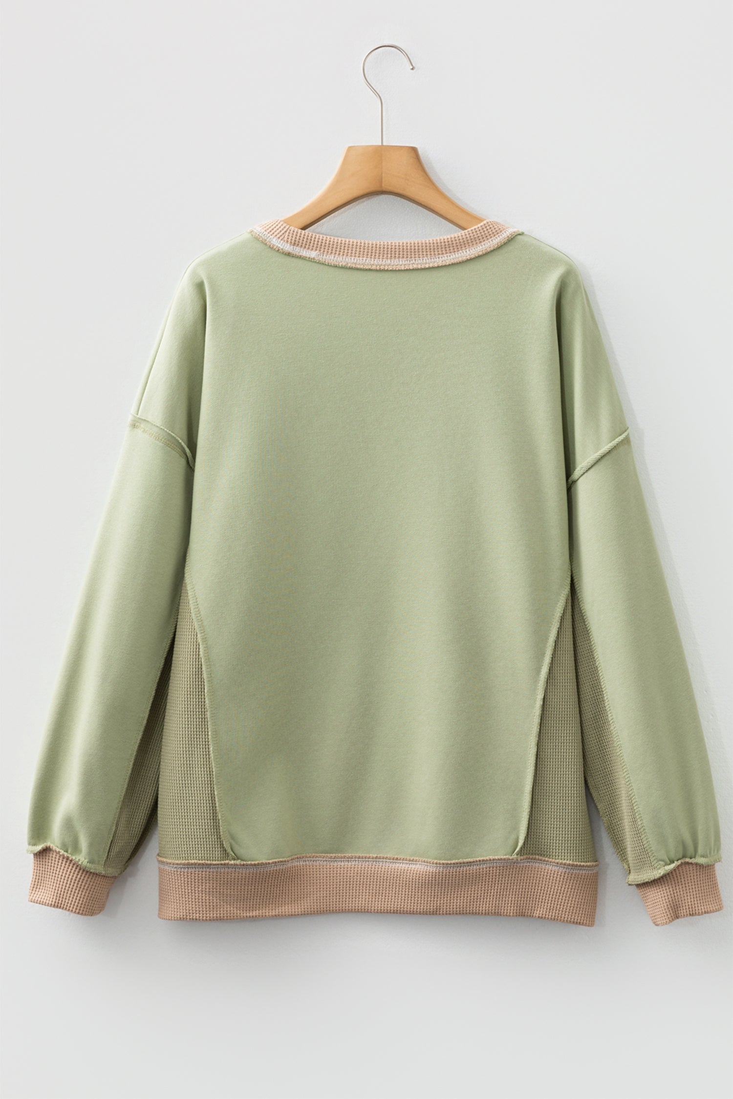 Light Pink, Wild Wind and Smoke Green colorblock waffle knit reverse seam oversized sweatshirt with boutique fashion styling