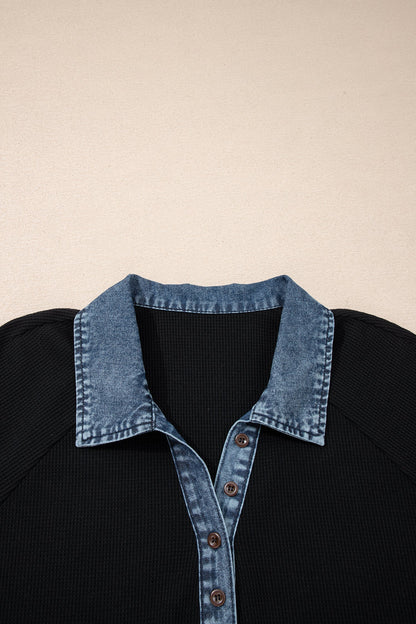 Denim Patchwork Waffle Knit Polo Tee