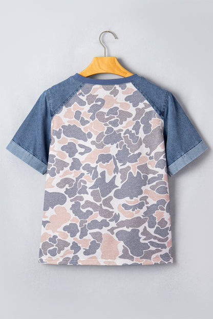 Camo Colorblock Denim Raglan Short Sleeve Tee