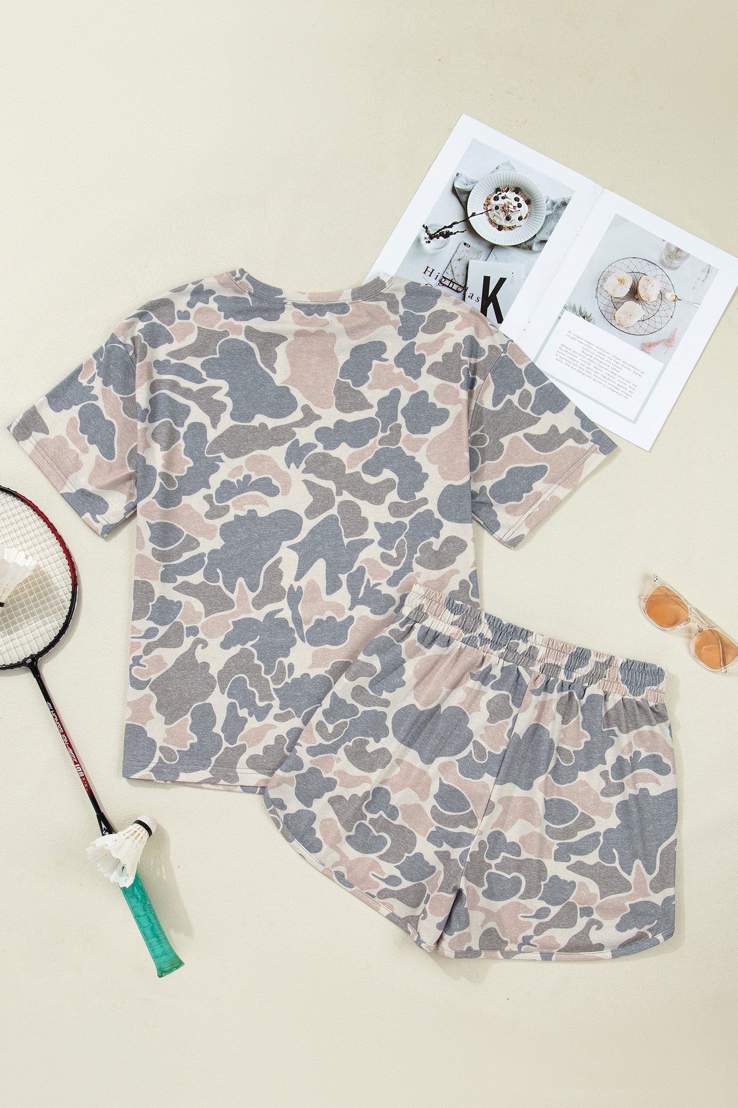 Multicolour Camo Tee and Drawstring Shorts Set with a loose tee, adjustable shorts, and easy matching-set comfort, boutique fashion