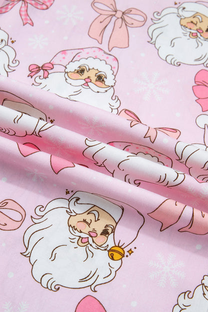 pink Santa Christmas pajama set with long sleeve top, pants and bow print boutique loungewear
