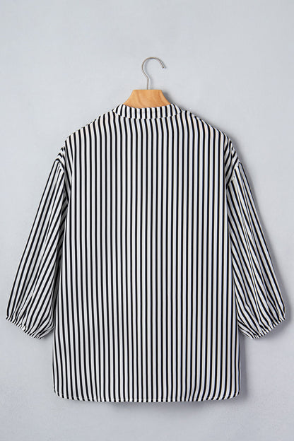 Black Stripe black stripe v-neck button up 3/4 sleeve shirt with boutique fashion styling