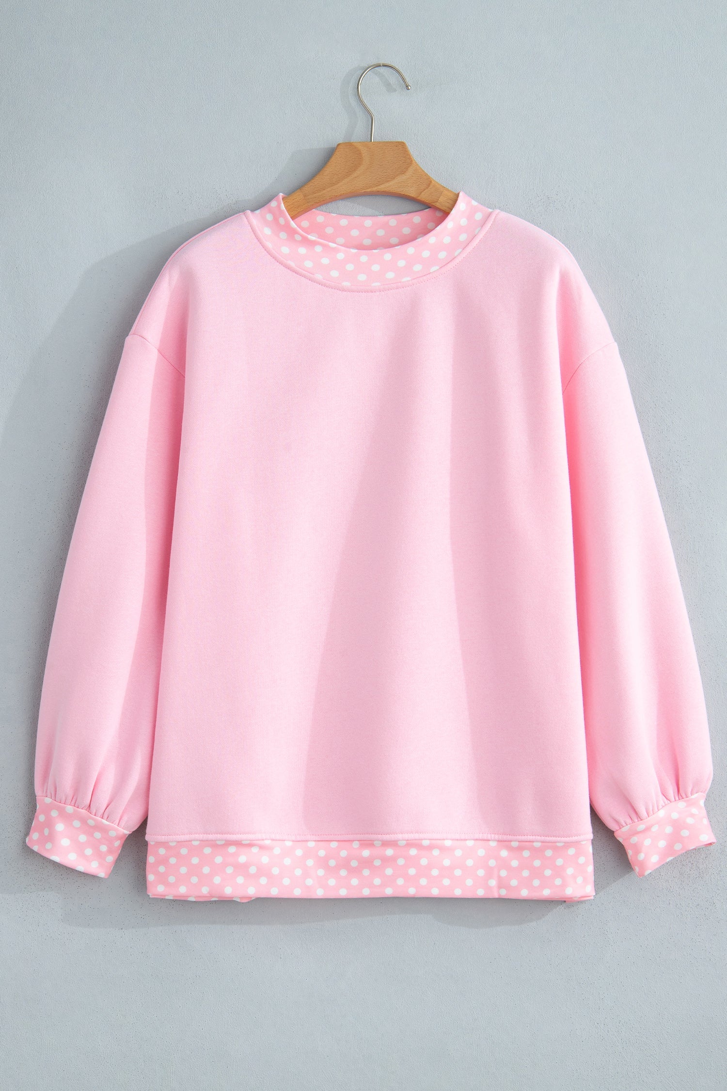 Dusty Blue Polka Dot Contrast Trim Mock Neck Sweatshirt with mock neck women's boutique fashion