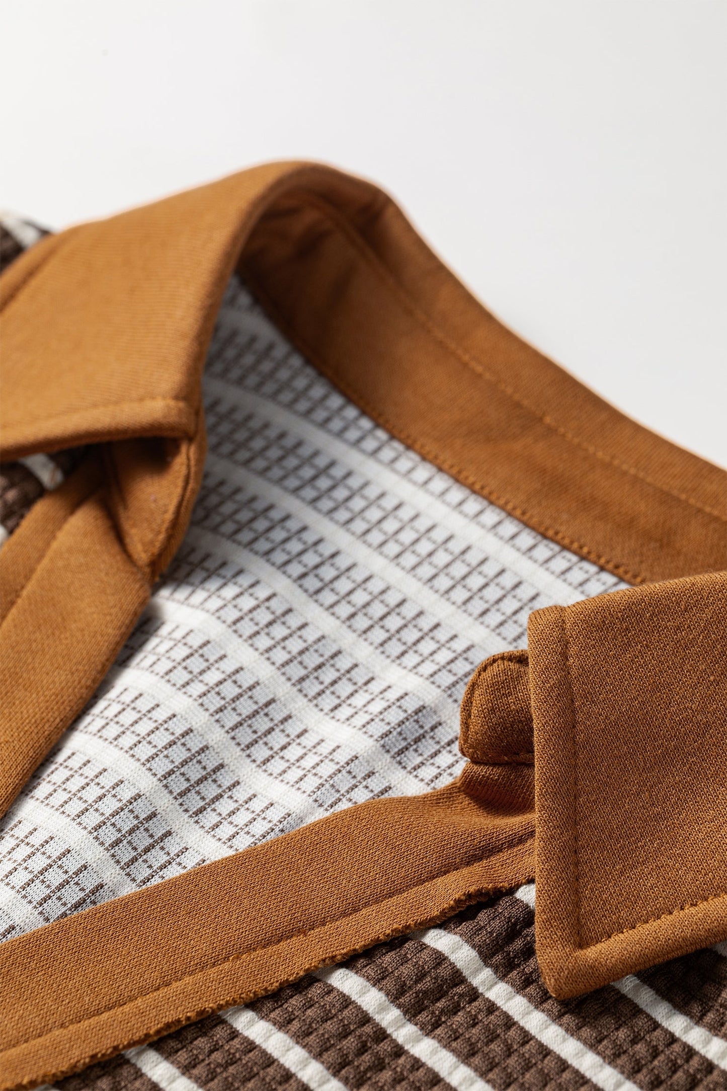 Brown Stripe Colorblock Collared V-Neck Long Sleeve Top featuring boutique-style details and relaxed everyday fit