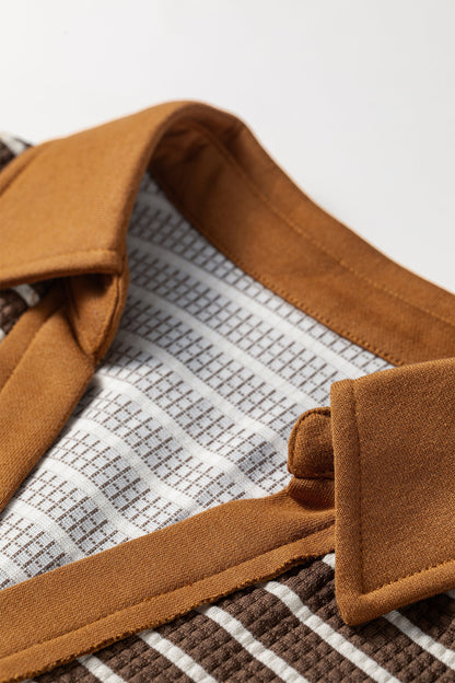 Brown Stripe Colorblock Collared V-Neck Long Sleeve Top featuring boutique-style details and relaxed everyday fit
