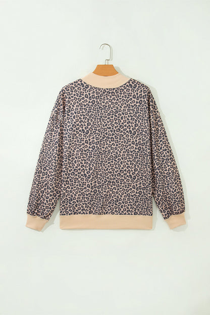 multicolor leopard print high neck ribbed trim sweatshirt with leopard print, high neckline and ribbed trim, women’s boutique fashion