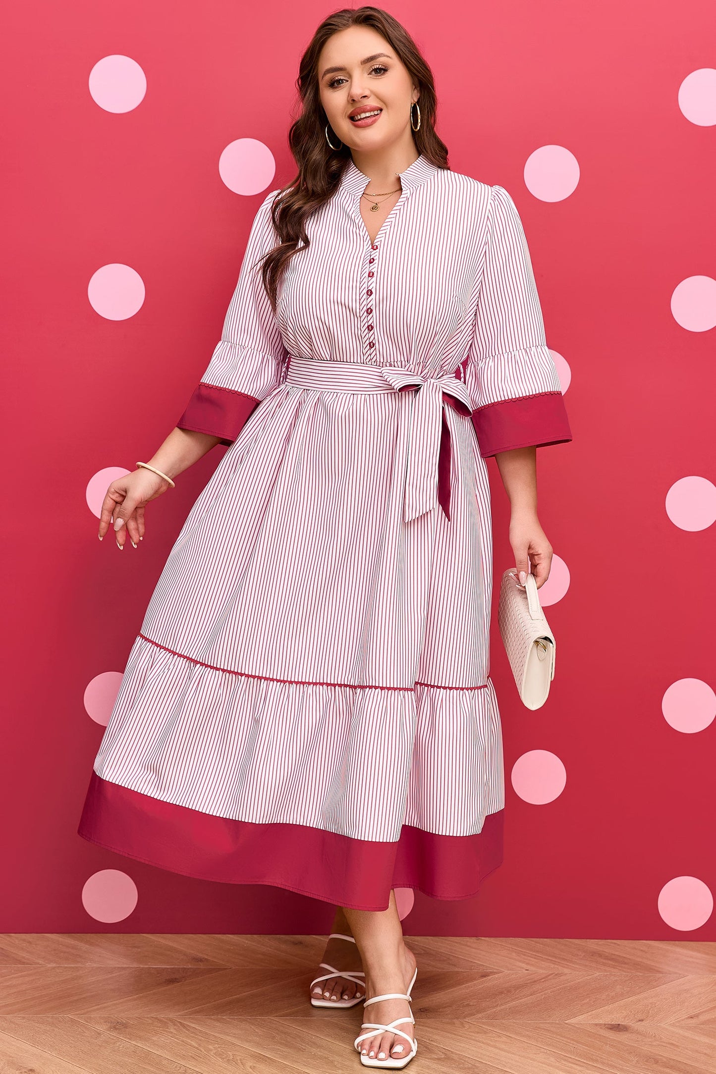 Charlee Hem Pinstriped Midi PLUS Dress boutique clothing from Mollie Mae Boutique