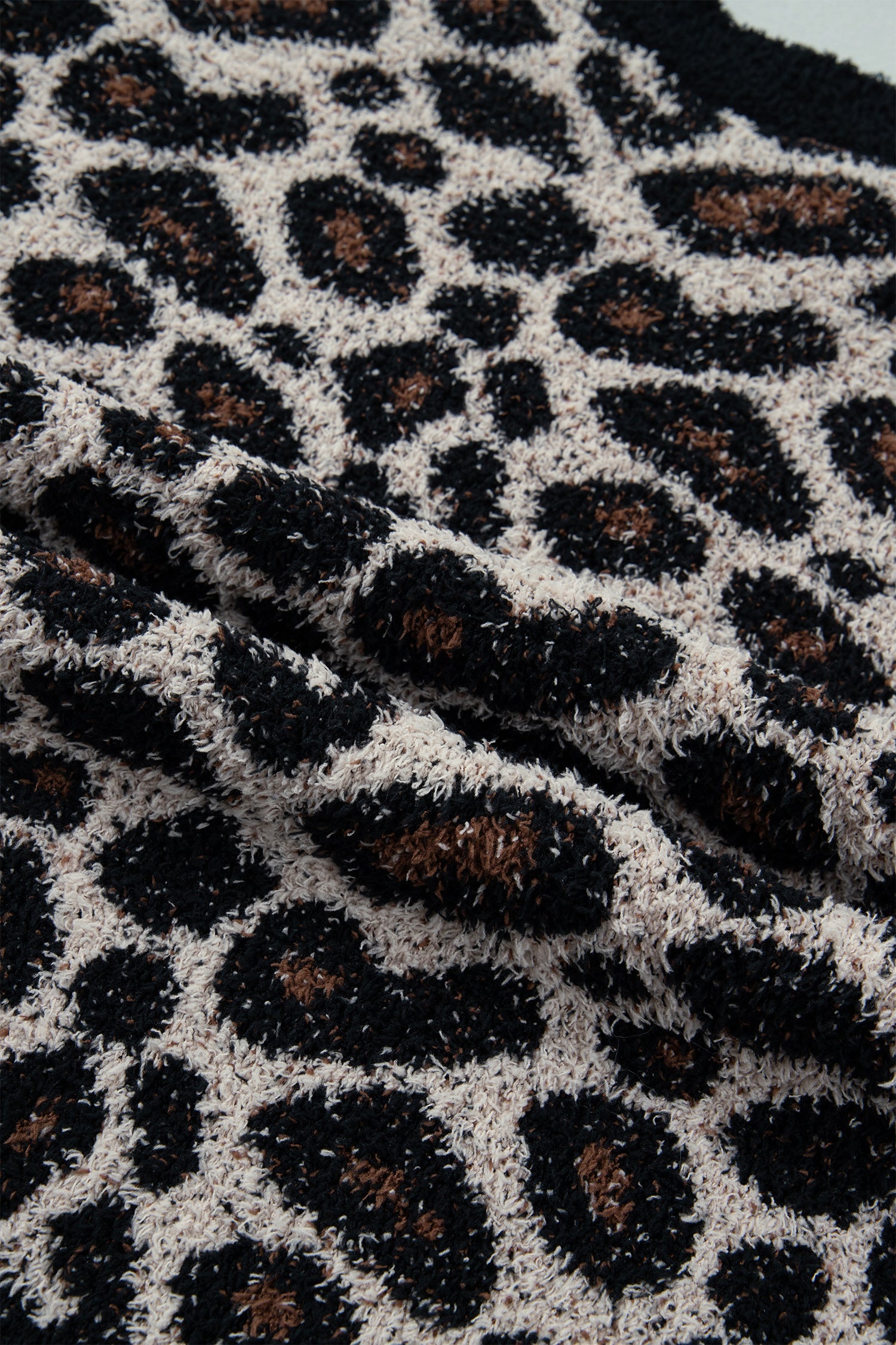Smoke Gray Leopard Star Patchwork Round Neck Fuzzy Sweater with leopard print and patchwork detail women's boutique fashion