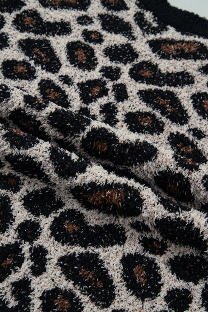 Smoke Gray Leopard Star Patchwork Round Neck Fuzzy Sweater with leopard print and patchwork detail women's boutique fashion