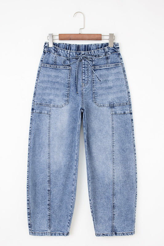 Myosotis Drawstring Paperbag Waist Barrel Jeans with a high paperbag waist, adjustable drawstring, and statement patch pockets, boutique fashion