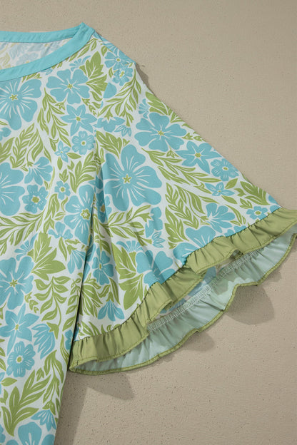 plus size sky blue floral frilled colorblock trim blouse for women
