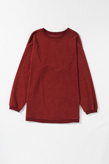 Strawberry Pink ribbed corduroy oversized long sleeve sweatshirt with cozy boutique styling
