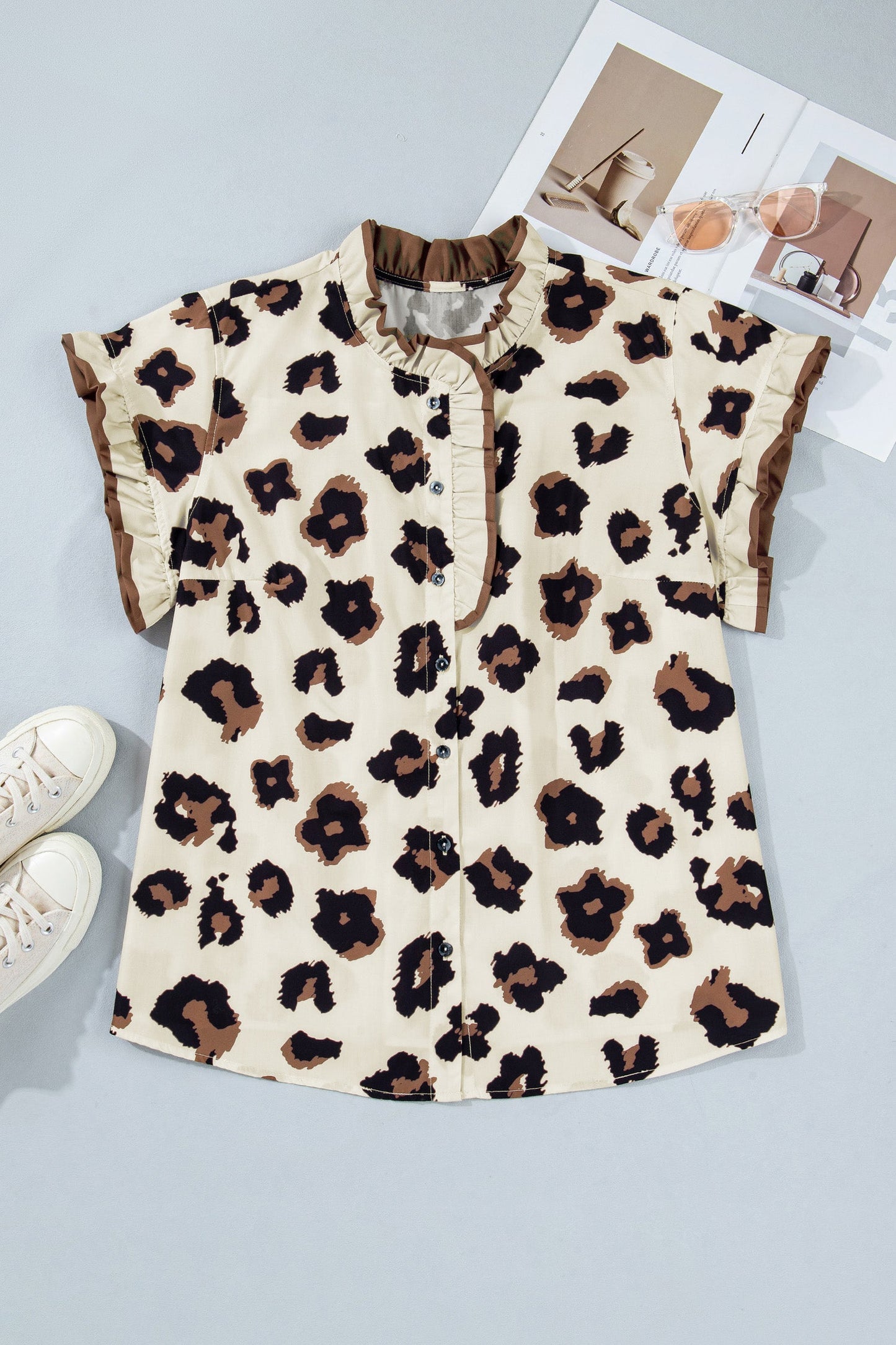 plus size khaki leopard frilled button down blouse for women