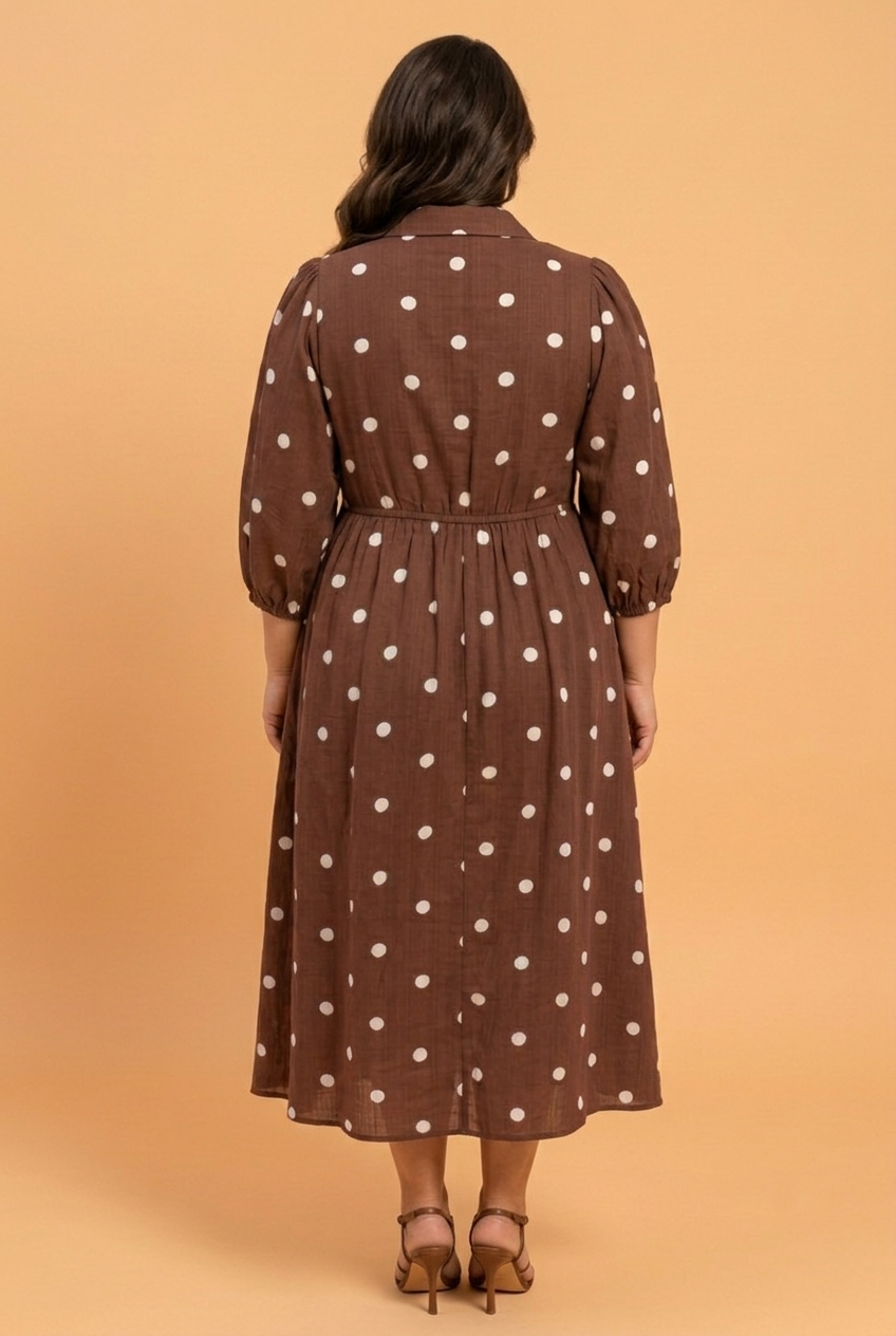 Plus size brown polka dot collared V-neck midi dress with long sleeves and pocket