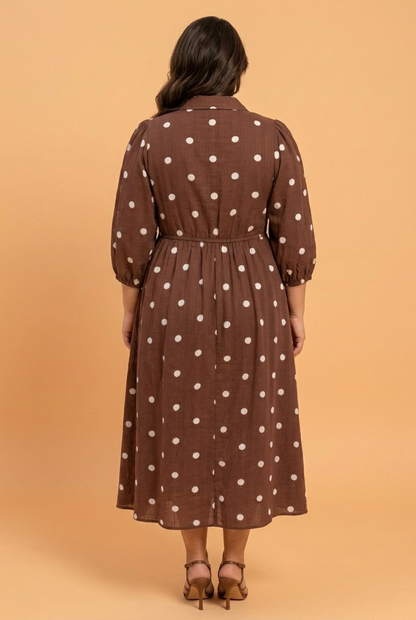 Plus size brown polka dot collared V-neck midi dress with long sleeves and pocket