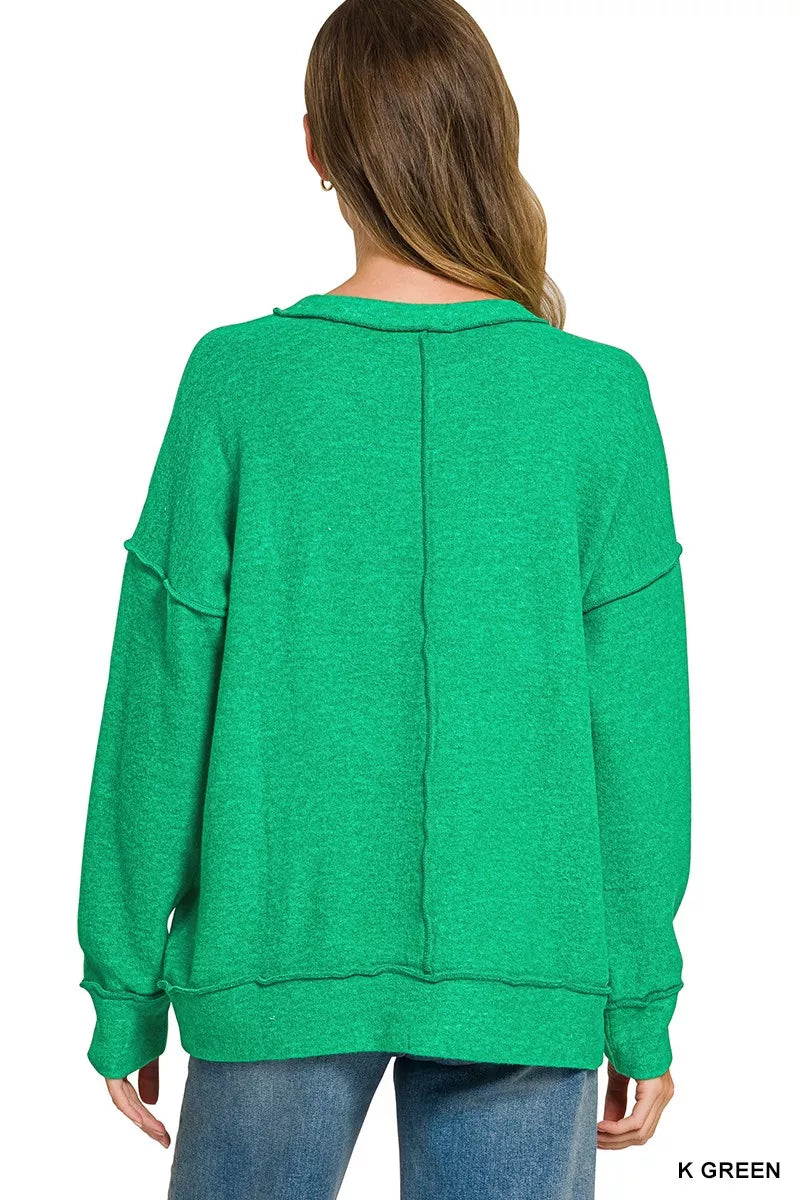 Kelly green brushed hacci drop shoulder sweater with contrast stitching and relaxed fit - view 3