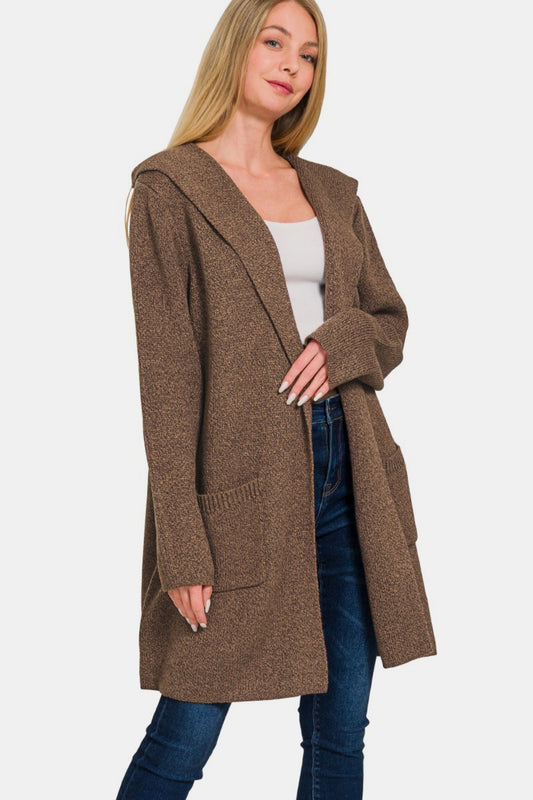 Zenana Brown Hooded Open Front Sweater Cardigan