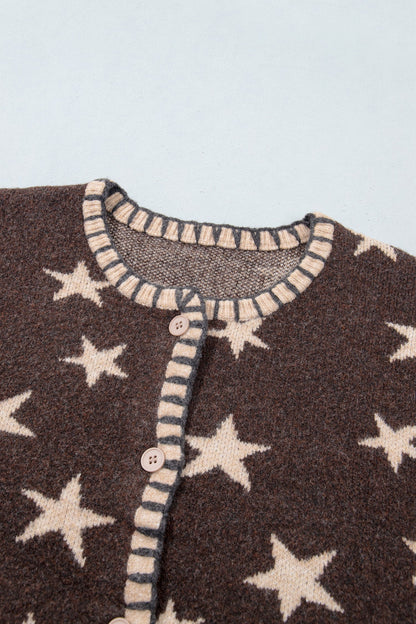 Brown Star Stripe Trim Long Sleeve Open Front Cardigan women's boutique fashion