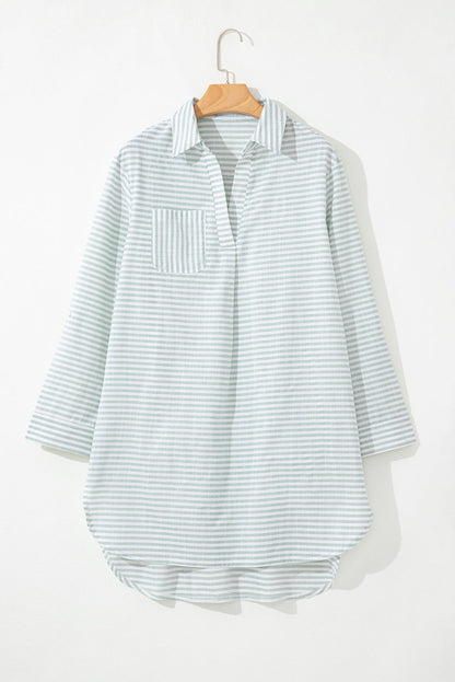 Stripe Collared V-Neck Chest Pocket Swim Cover Up