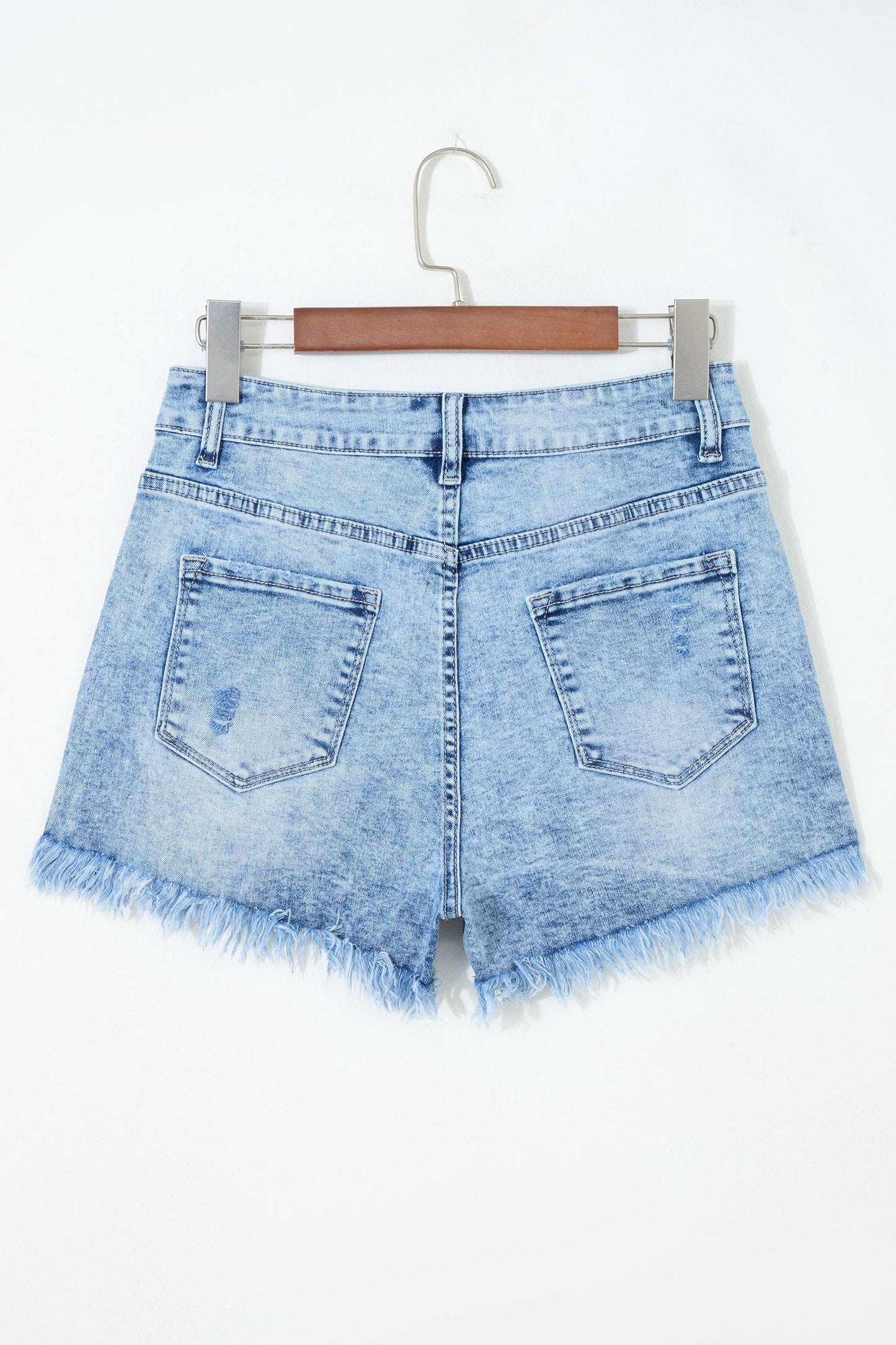 Beau blue acid wash high waist denim shorts with distressed details and casual boutique summer style