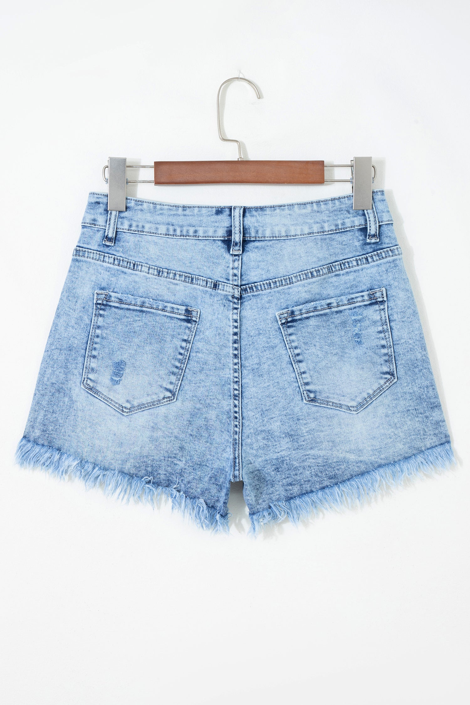 Beau blue acid wash high waist denim shorts with distressed details and casual boutique summer style