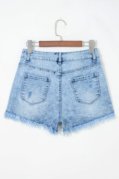 Beau blue acid wash high waist denim shorts with distressed details and casual boutique summer style