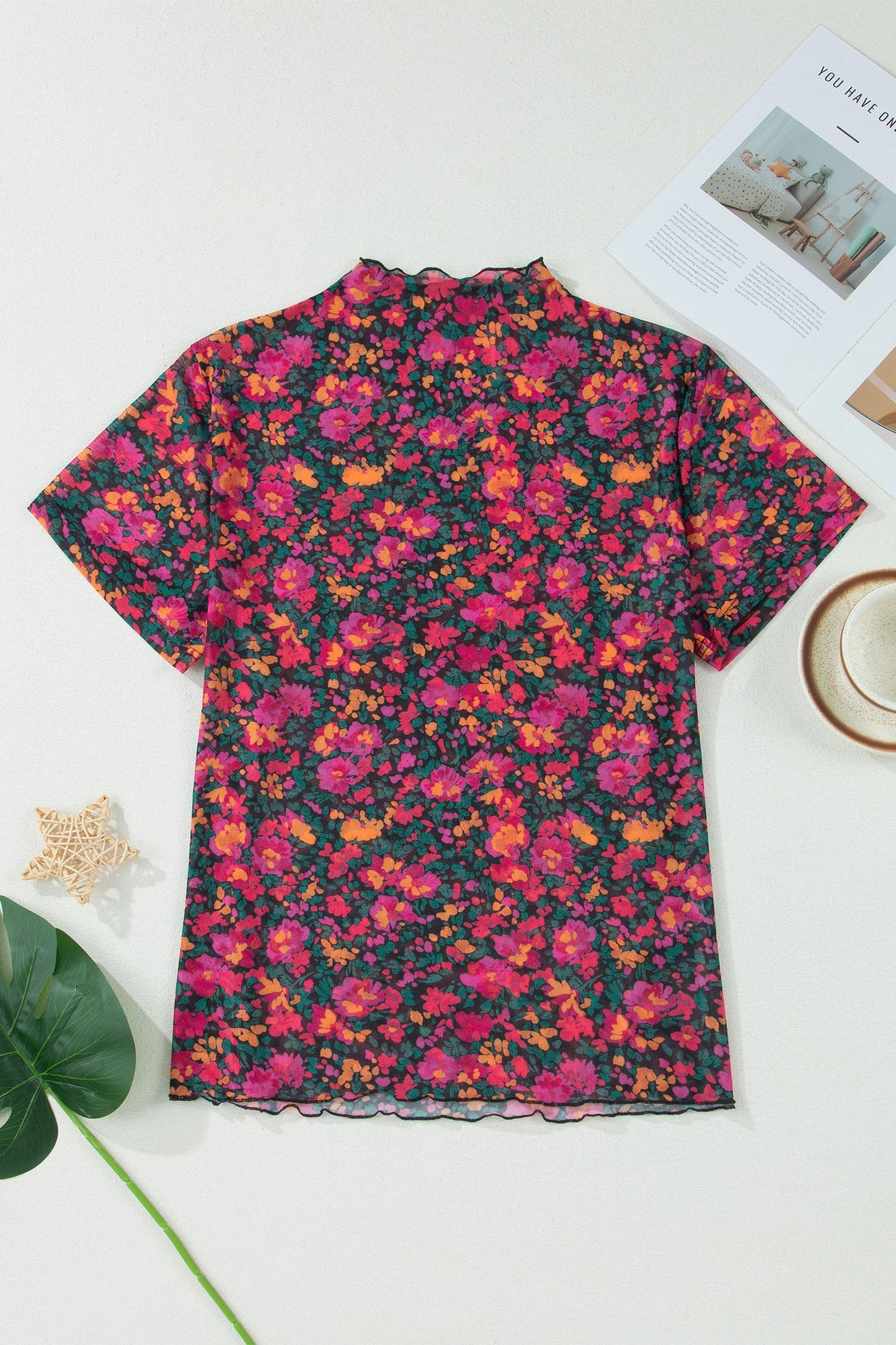 plus size rose floral mesh short sleeve top for women