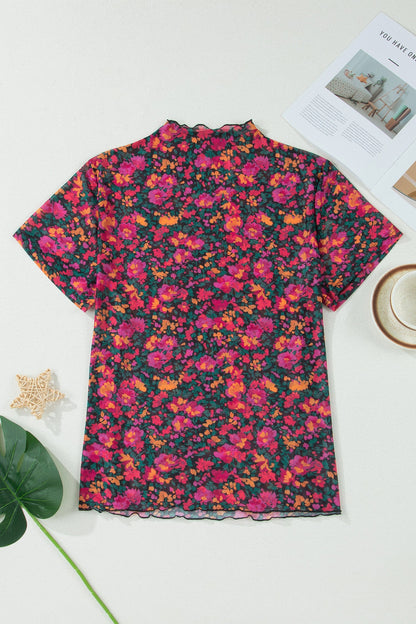 plus size rose floral mesh short sleeve top for women