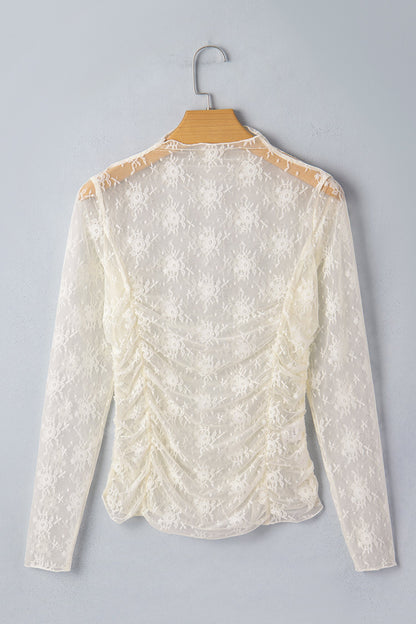 Floral Mesh Ruched Long Sleeve Sheer Top boutique apparel from Mollie Mae Boutique