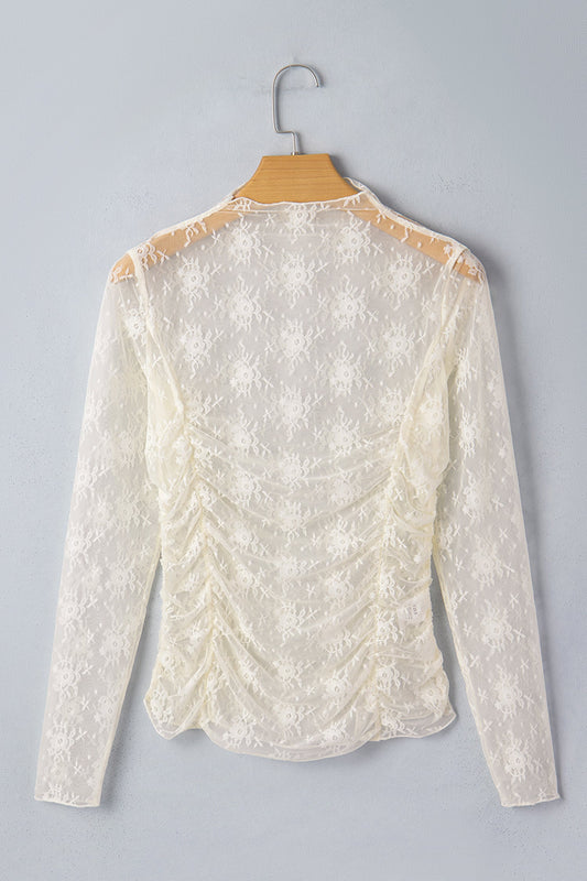 Floral Mesh Ruched Long Sleeve Sheer Top boutique apparel from Mollie Mae Boutique