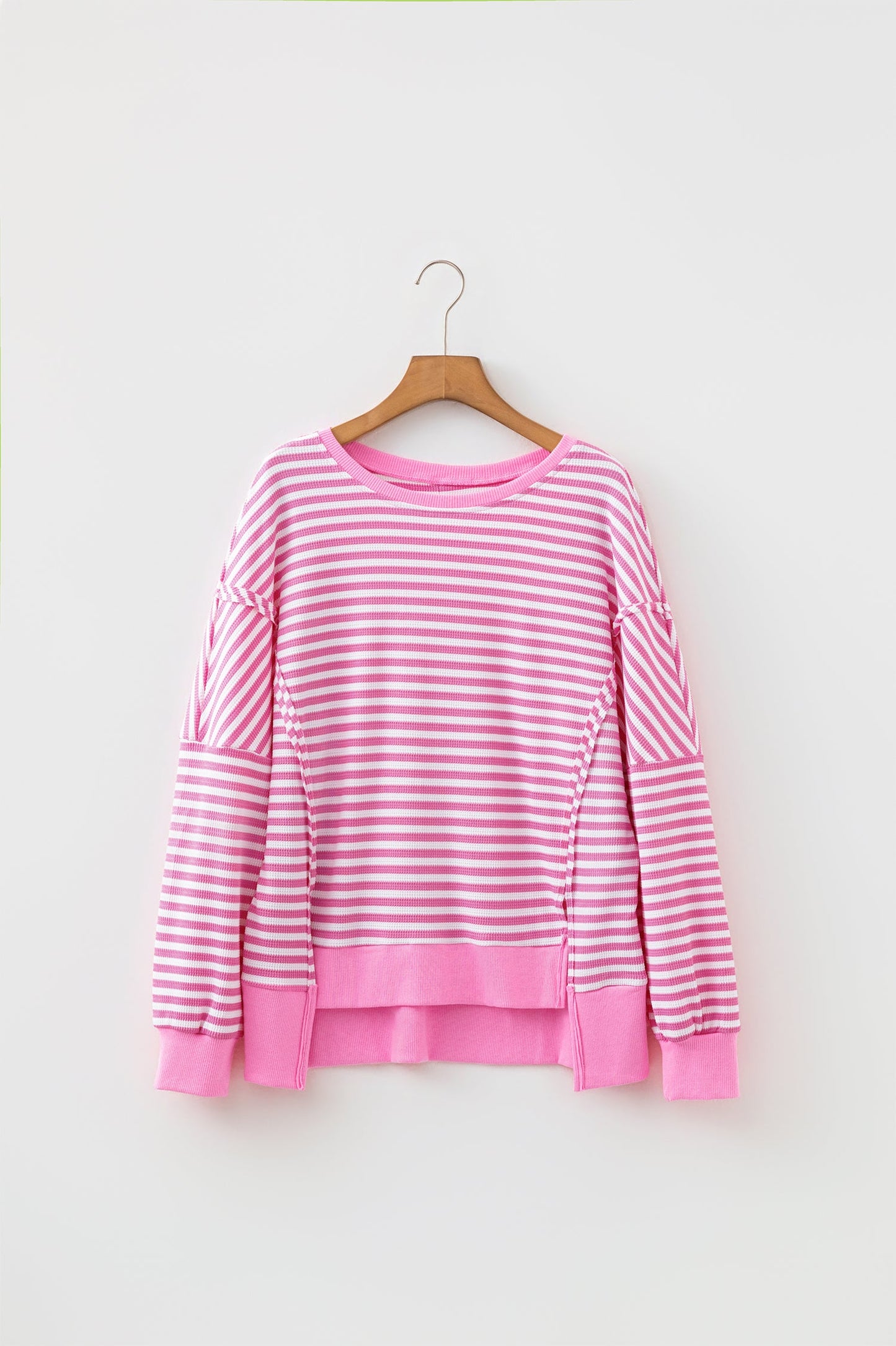 Pink Stripe pink stripe textured knit split hem sweater with boutique fashion styling