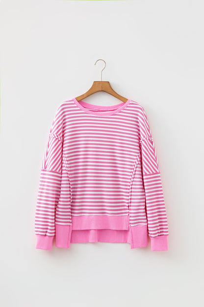 Pink Stripe pink stripe textured knit split hem sweater with boutique fashion styling