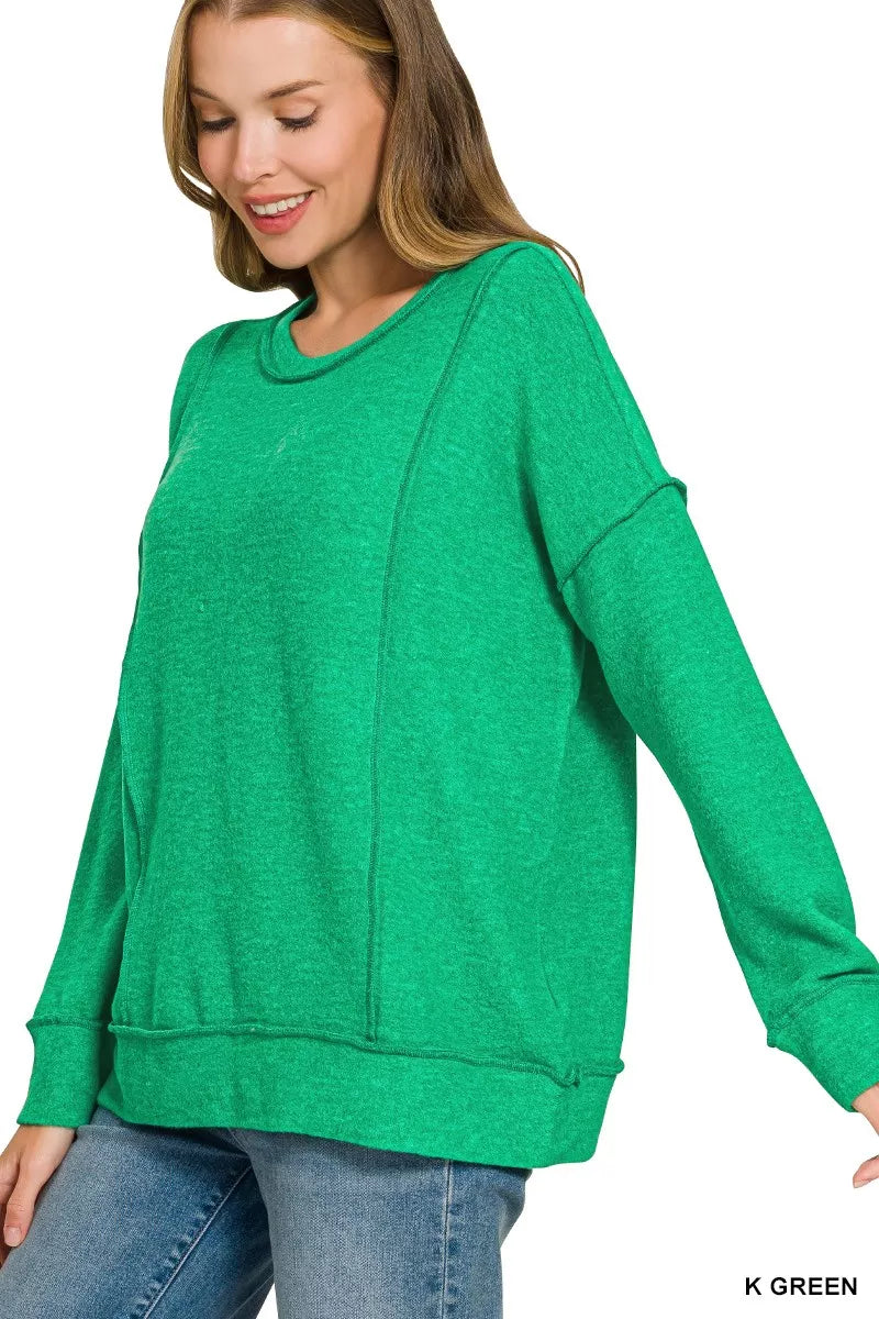 Kelly green brushed hacci drop shoulder sweater with contrast stitching and relaxed fit - view 2