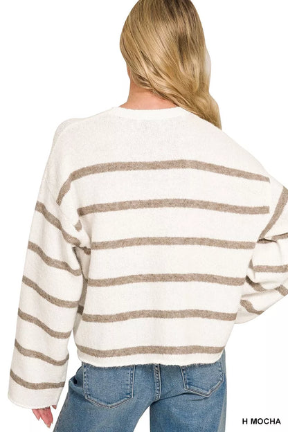 Mocha wool blend striped sweater with horizontal stripes, long sleeves, relaxed boutique style view 3