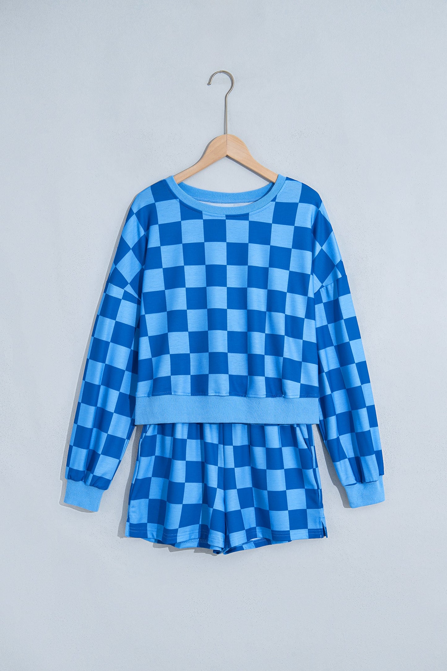 Dark Blue Checker Long Sleeve Crop Top & Shorts Set with checker print women's boutique fashion