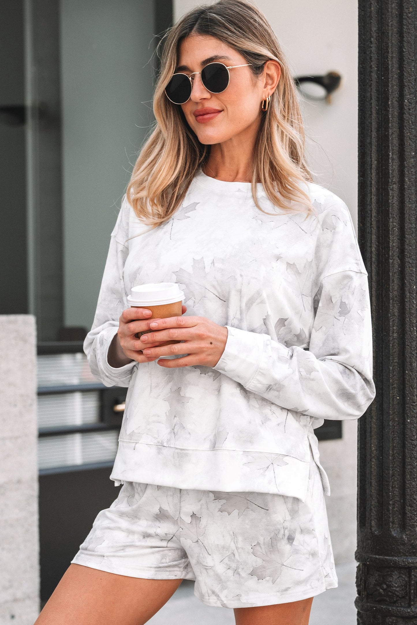 Beige camo abstract short sleeve top and elastic waist shorts set boutique loungewear outfit