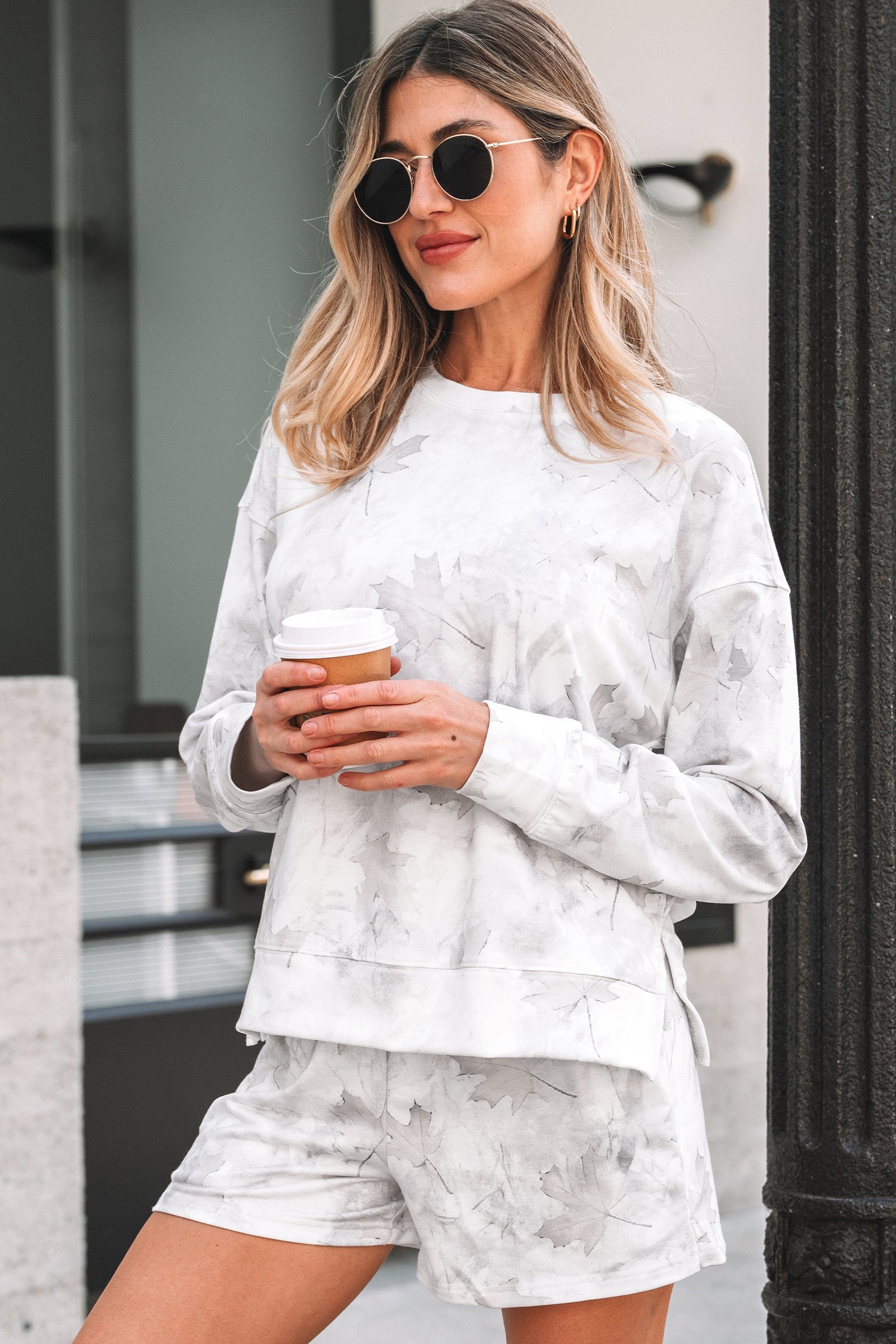 Beige camo abstract short sleeve top and elastic waist shorts set boutique loungewear outfit