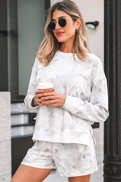 Beige camo abstract short sleeve top and elastic waist shorts set boutique loungewear outfit