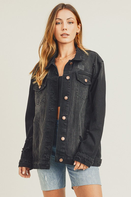 RISEN Distressed Black Denim Jacket