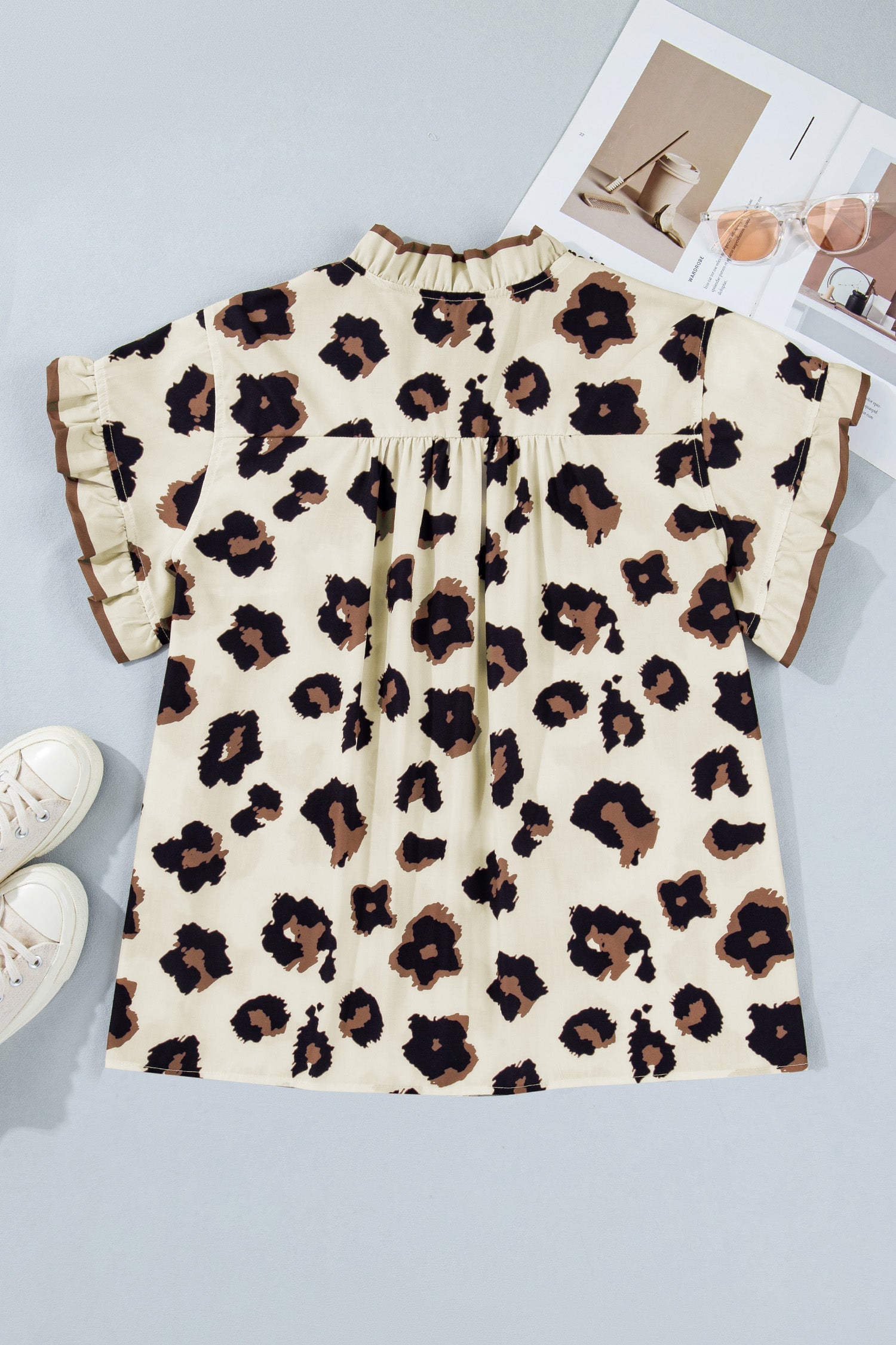 plus size khaki leopard frilled button down blouse for women