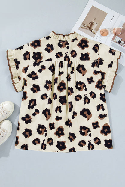 plus size khaki leopard frilled button down blouse for women