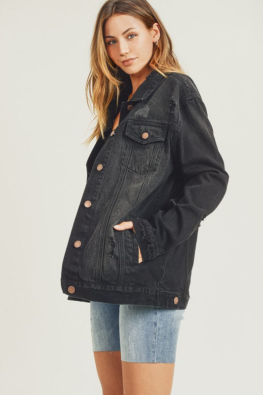 RISEN Distressed Black Denim Jacket