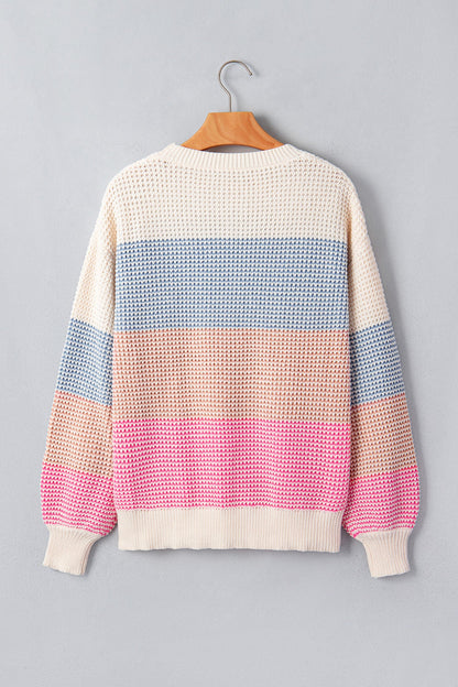 Light Blue colorblock stripe drop shoulder round neck sweater with colorblock stripes, round neckline and relaxed drop shoulders, women’s boutique fashion