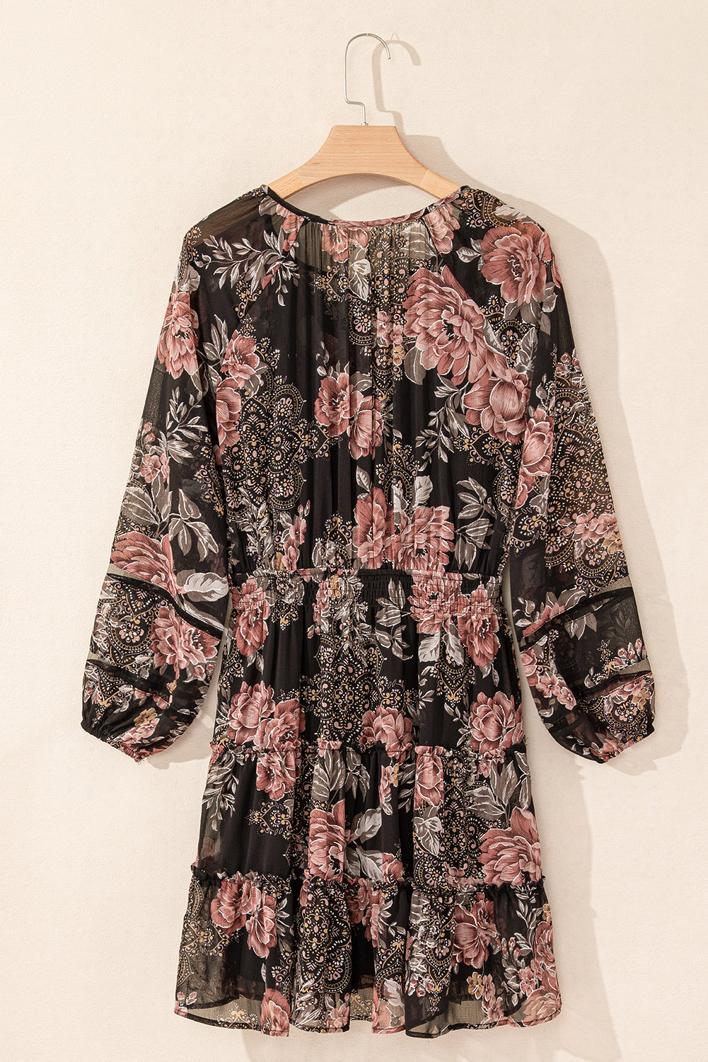 Black floral puff sleeve v-neck smocked waist dress with floral print, puff sleeves, V-neckline and smocked waist, women’s boutique fashion