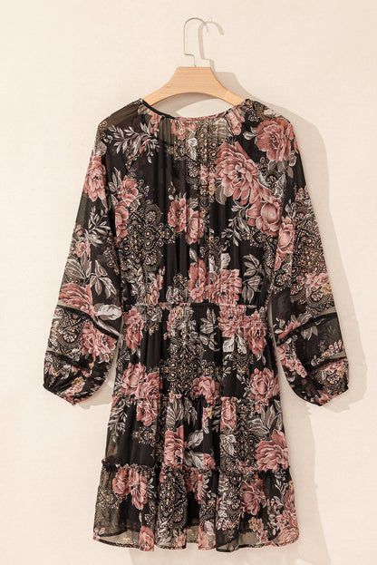 Black floral puff sleeve v-neck smocked waist dress with floral print, puff sleeves, V-neckline and smocked waist, women’s boutique fashion