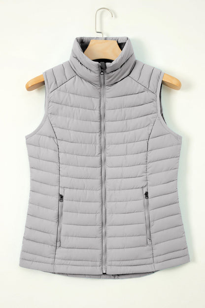 black plush stand collar zip-up puffer vest boutique outerwear