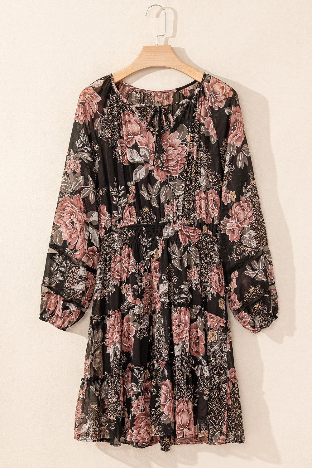 Black floral puff sleeve v-neck smocked waist dress with floral print, puff sleeves, V-neckline and smocked waist, women’s boutique fashion