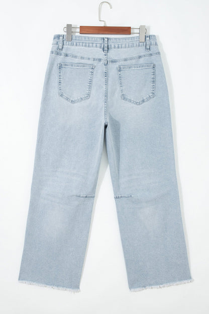 sail blue denim frayed hem cropped straight leg jeans for women