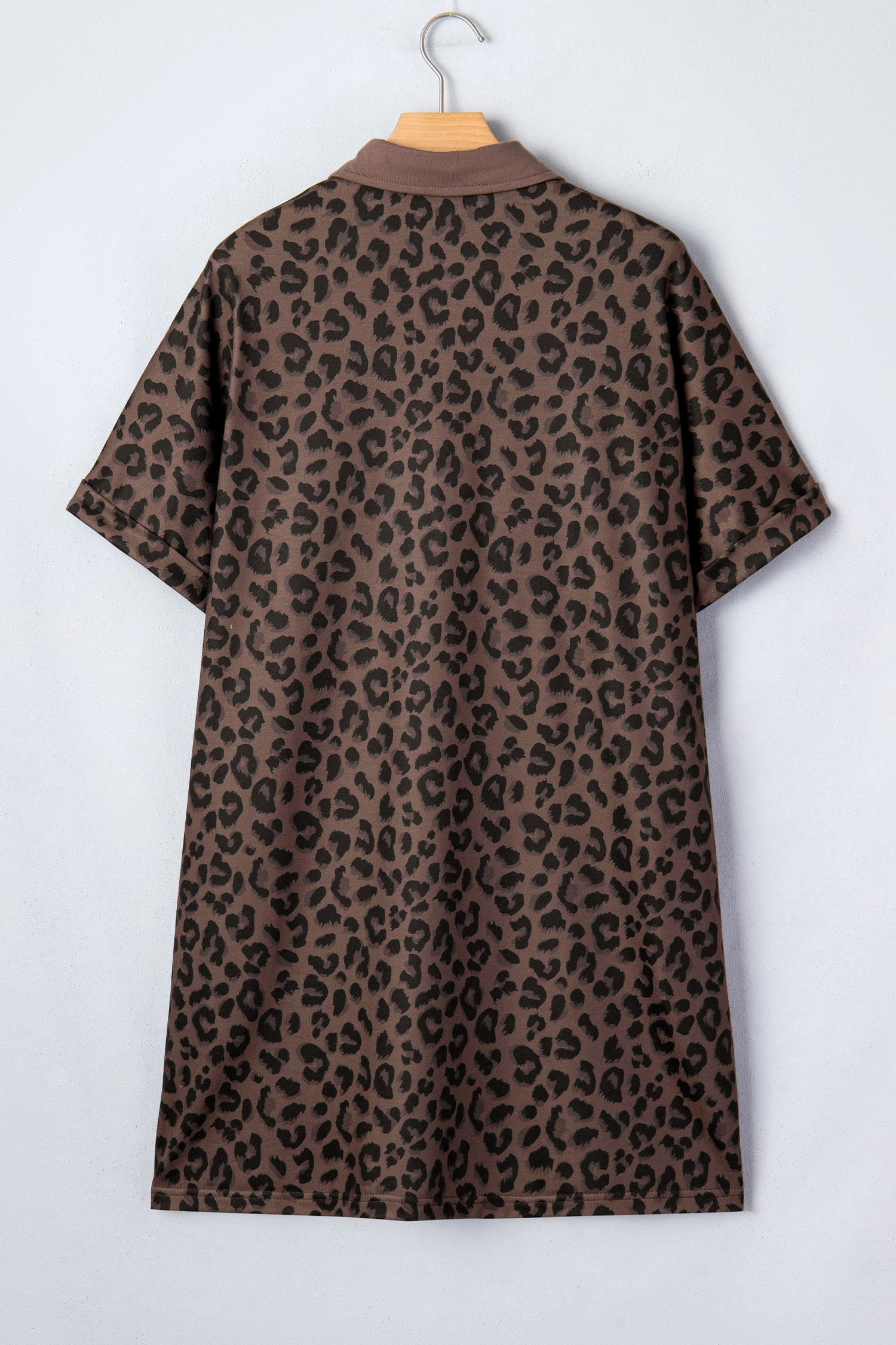 brown leopard contrast collar v-neck mini dress for women