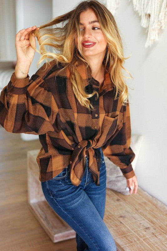 Haptics Camel & Charcoal Button Down Oversized Shirt